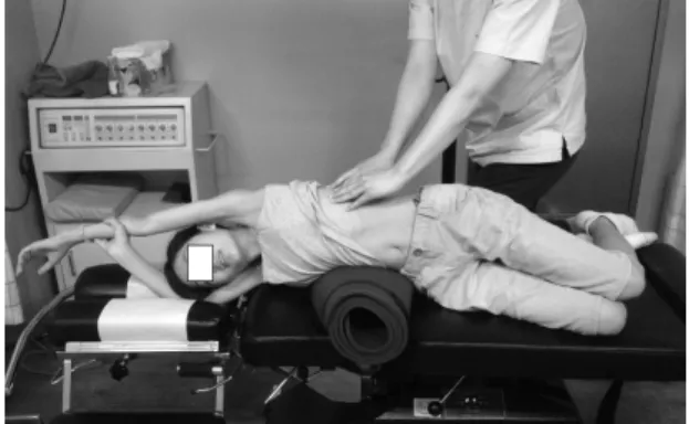 Fig.  3.  Schroth  method  for  thoracic  dextroscoliosis  (side  bend- bend-ing  in  side  lybend-ing).