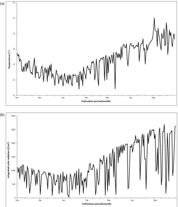 Fig. 4. Changes of temperature(a) and integrated solar radiation(b) during the experimental period in plastic greenhouse.