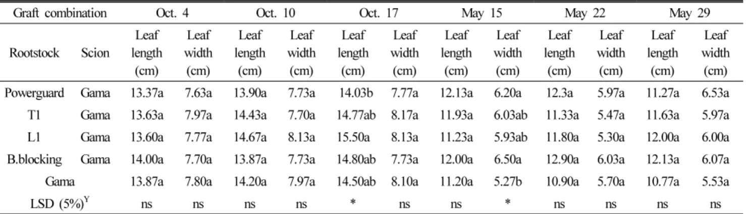 Table 5. Leaf length and width of non-grafted and grafted tomato plants. Z