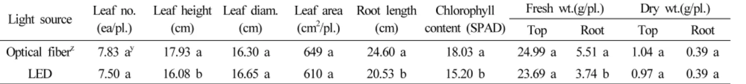 Fig. 4. Harvested lettuce under optical fiber of solar (A) and LED light (B) at 30 days after sowing.
