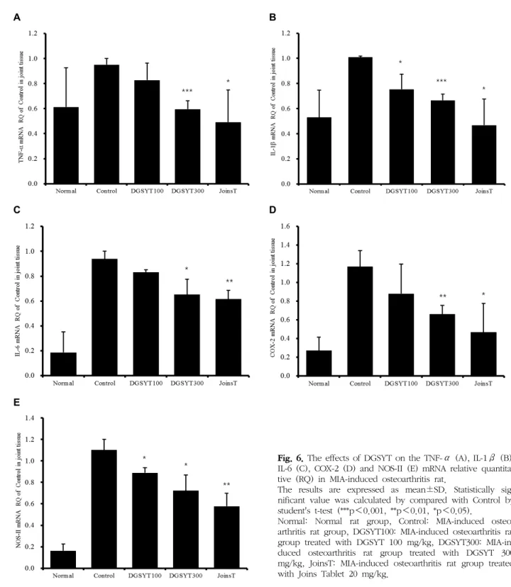 Fig.  6.  The  effects  of  DGSYT  on  the  TNF-α (A),  IL-1β (B),  IL-6  (C),  COX-2  (D)  and  NOS-II  (E)  mRNA  relative   quantita-tive  (RQ)  in  MIA-induced  osteoarthritis  rat.