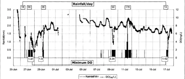 Fig. 5. Rainfall and DO variations in june-july of the study site (2005).