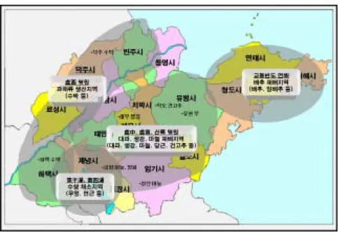 그림  3-2.    산동성  채소의  4대  자연분포지역 남양호로  구성되어  있다.  4개의  호수가  거대한  하나의  호수로  되어  있으며,  남북  길이가  140km,  동서  폭이  6km,  총면적이  12만ha의  거 대한  호반이다