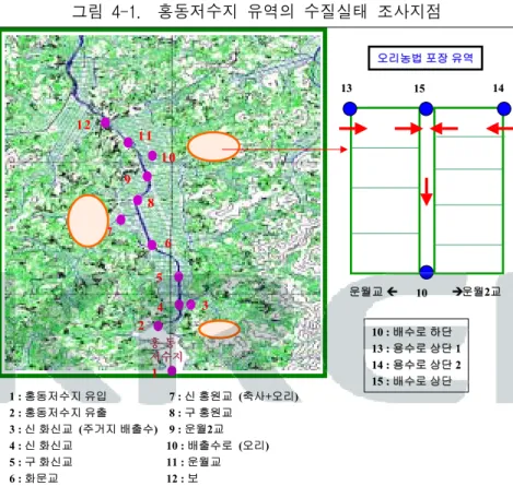 그림  4-1.    홍동저수지  유역의  수질실태  조사지점 1 홍홍 동동 저수지저수지12 11  9 10 8 7 6 2 5  3 4   1 : 홍동저수지 유입  2 : 홍동저수지 유출  3 : 신 화신교  (주거지 배출수)  4 : 신 화신교  5 : 구 화신교  6 : 화문교 101013131515 14 1410 : 10 : 배수로배수로하단하단13 : 13 : 용수로용수로상단상단 1 114 : 14 : 용수로용수로상단상단 2 215 : 15 : 배수