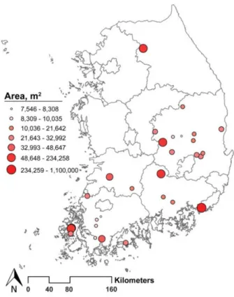 Fig. 2. Locations and size of solar photovoltaic facilities selected in the study.