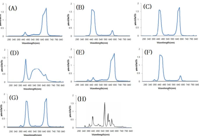 Fig. 1. Spectral characteristics of (A) red LED, (B) blue LED, (C) red:blue (2:1), (D) white LED, (E) red LED + UVA, (F) blue LED + UVA, (G) red:blue (2:1) + UVA, (H) white fluorescent lamp(FL).