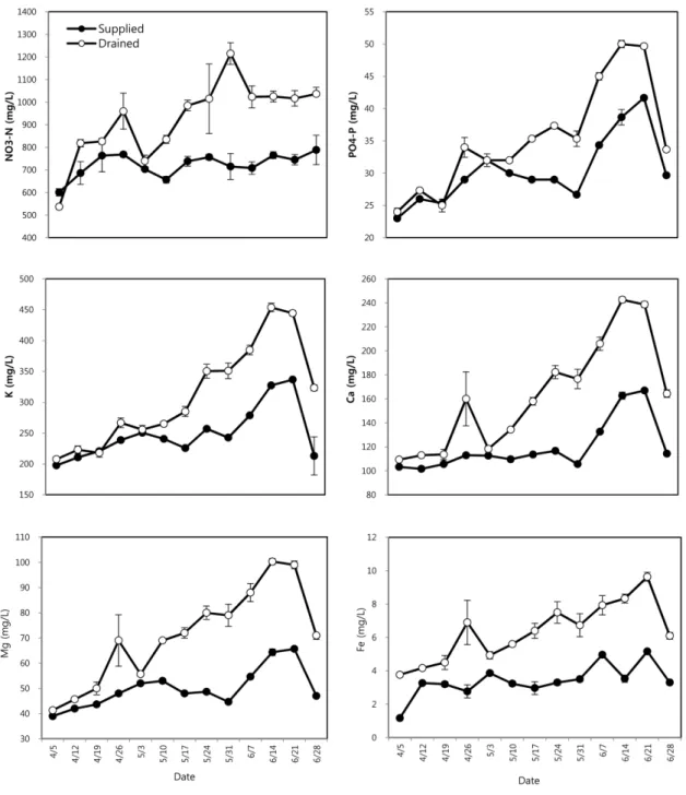 Fig. 5. Changes in inorganic element concentrations of supplied and drained nutrient solution during semi-forcing hydroponic cultivation of ‘Bonus’ tomato