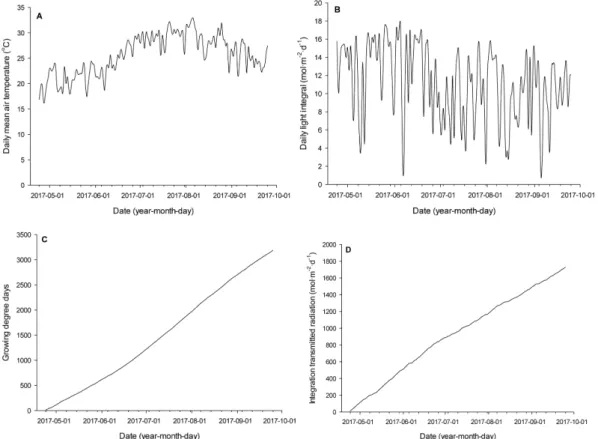Fig 1. Changes in air temperature (A), daily light integral (B), growing degree days (C), and integration transmitted radiation (D) in a plastic tunnel during hot pepper cultivation periods.