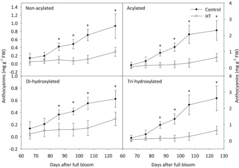 Fig. 3. Changes in anthocyanin contents by structure in ‘Kyoho’ grape berry skins under control and high temperature (HT) conditions.
