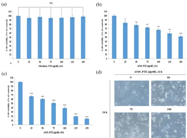 Fig. 2. PTE treatment induces apoptotic effect in A549 cells. (a) A549 Cells were treated with PTE (50, 75, 100 μg/mL) for 24 h.