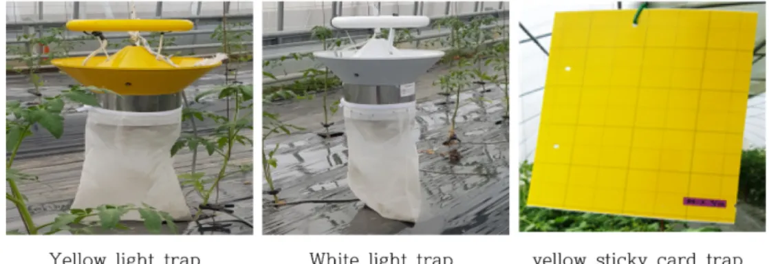 Fig. 1. Traps used in this study (590 nm yellow light, 450-625 nm white light and 30x25 cm yellow sticky card trap)