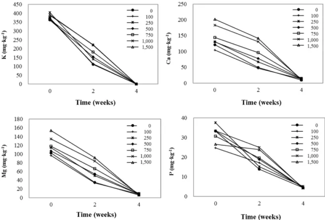 Fig. 4. Changes in the macro-element concentrations of root media during the cultivation of radish plug seedlings as influenced by vari- vari-ous amounts of nitrogen (mg·L -1 ) incorporated as pre-planting nutrient charge fertilizer in the perlite:coir dus