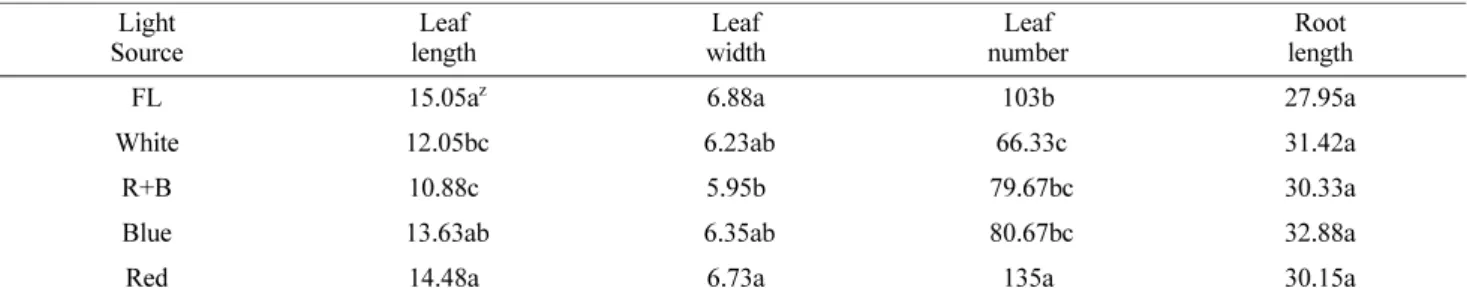 Fig. 1. Leaf shape index at 1, 7, 14, 21, 28, 35, 42, 49, 56 days after transplanting (DAT) under the fluorescent light (FL) and LEDs (White, Red and Blue (R+B, ratio 2:1), Blue, and Red LED)