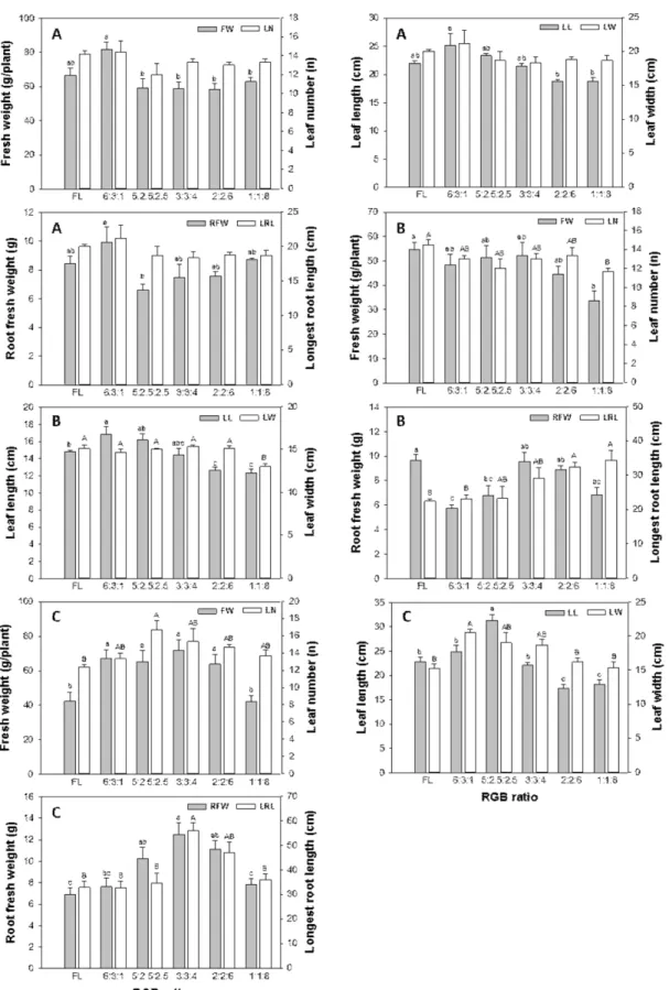Fig. 3. Fresh weight, leaf number, leaf length, leaf width, root fresh weight, and longest root length of lettuce grown under the irradiation of the different RGB ratio (6:3:1, 5:2.5:2.5, 3:3:4, 2:2:6, and 1:1:8, relatively) with fluorescent lamp (FL) for 