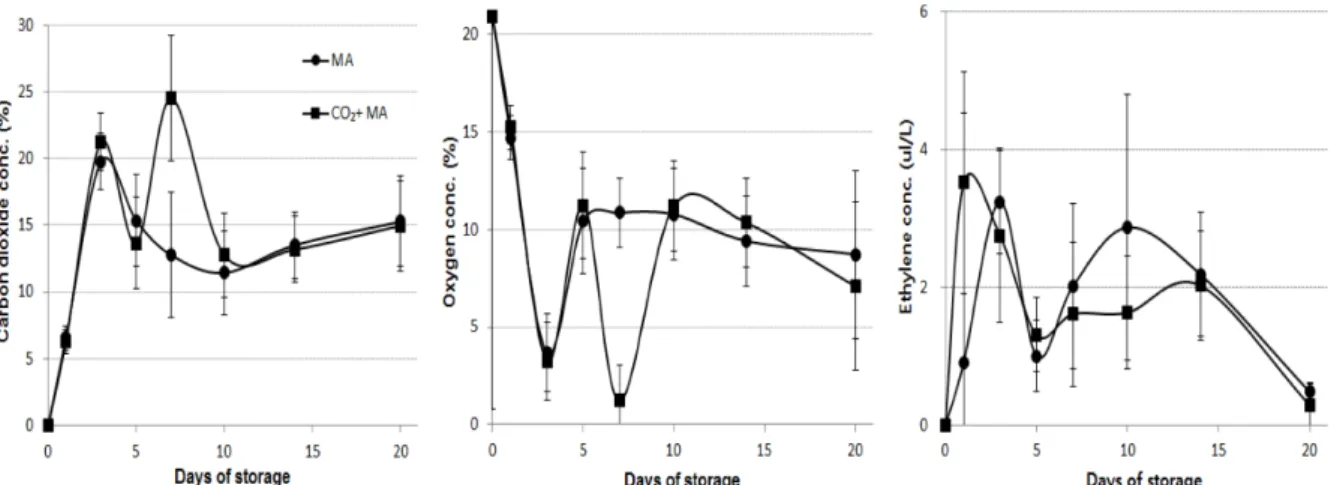 Fig. 2. Changes of carbon dioxide, oxygen, and ethylene concentration in package of strawberry ‘Maehyang’ treated CO2 fertilization and stored MA conditions at 8 o C