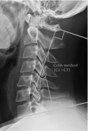 Fig.  3.  Cobb’s  angle  (C1-C7). 3)  경침  자가  운동  프로그램 1회  차  침  치료  이후  대상자는  네덜란드산  소나무로 제작한  반원통  모양의  경침(기황산업,  고양,  경기,  한국)을  제공하였다