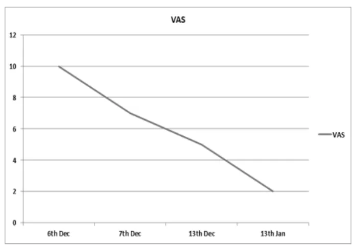 Fig.  3.  Change  of  ROM. Fig.  4.  Change  of  VAS. 3)  한의물리요법  간섭전류형  저주파자극기(GP-512D,  GOODPL  INC,  Korea)를  이용하여  한의물리요법의  일종인  경근저주파요 법을  실시하였다