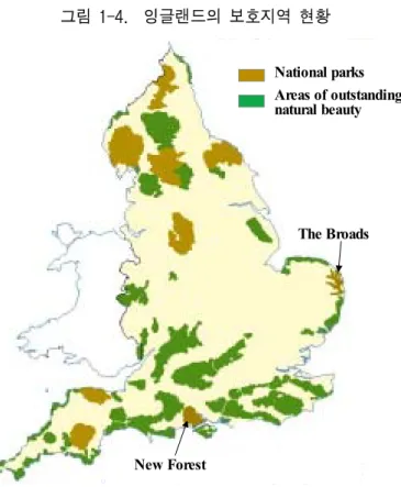 그림  1-4.    잉글랜드의  보호지역  현황 The Broads New Forest Areas of outstandingnatural beautyNational parks 자료:  DETR,  2000,  p.113