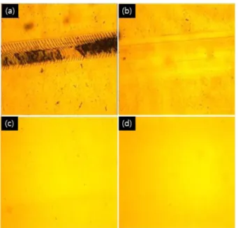 Fig. 7. OM image of pencil-traced sample which is heat-treated using IPL system for 10 times ((a), (c)) and 25 times ((b), (d)) of pulse