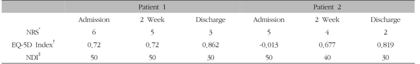 Table  I.  Changes  of  NRS,  EQ-5D  Index  and  NDI  Score  in  Two  Patients