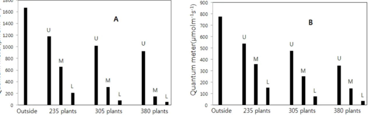 Fig. 1. Regional difference of intensity of light by planting density( plants · 10a -1 ) in greenhouse condition