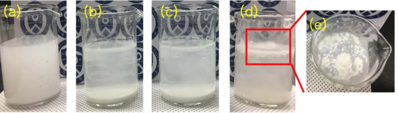 Fig. 6. BSTO NPs dispersion test in D.I water with different silylation agent concentration: (a) pristine, (b) 10 vol.% TMCS, (c) 30 vol.% TMCS, and (d) 50 vol.% TMCS, (e) surface of 50 vol.% TMCS.