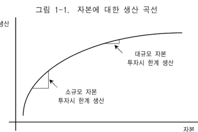 그림  1-1.    자본에  대한  생산  곡선 대규모  자본 투자시  한계  생산 소규모  자본 투자시  한계  생산생산 자본 ◦ 그러나  현실적으로는  개도국의  기업체  및  자본이  부족한  계층에게는  금융  대출이 충분하게 이루어지지 않고 있는 반면 자본이 풍부한 대기업 및 선진 국 소재 기업에 대한 추가적 대출이 이어지고 있음