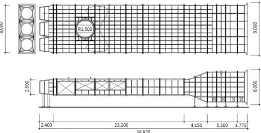 Fig. 2. Plane and side figures of the wind tunnel at the TESolution Co., Anseong-si, Gyeonggi-do, Korea (Unit : mm).