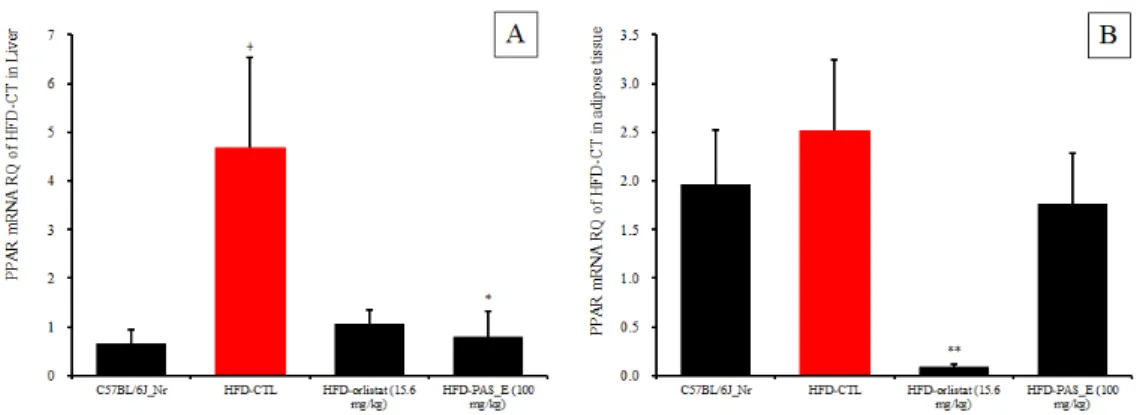 Figure 4. Effects of PAS_E *  materials on mRNA expression of PPAR-g † in liver/epididymal adipose tissue in mice consuming high fat diet.