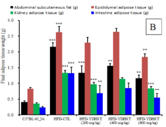 Figure 2. Effect of YDHST (200, 400, 800 mg/kg) extracts  on AP2/FABP4 mRNA expression in liver in  obesity mice fed with high fat diet.