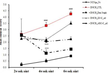 Figure 2. Clinical skin features and severity of atopic dermatitis skin lesions in atopic dermatitis-like NC/Nga mice induced by DNCB