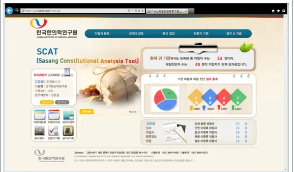 Figure 6. Sasang constitution analysis tool web site main page악할 수 있도록 함으로써 별도의 검색을 최소화 하도록 구성되었다.입력된 대상자 정보는 체질 분석 프로그램을 통해 안면, 음성, 설문, 체형 각각의 체질 분류 알고리즘으로 분석하여 분석된 결과 값을 DB에 저장한다