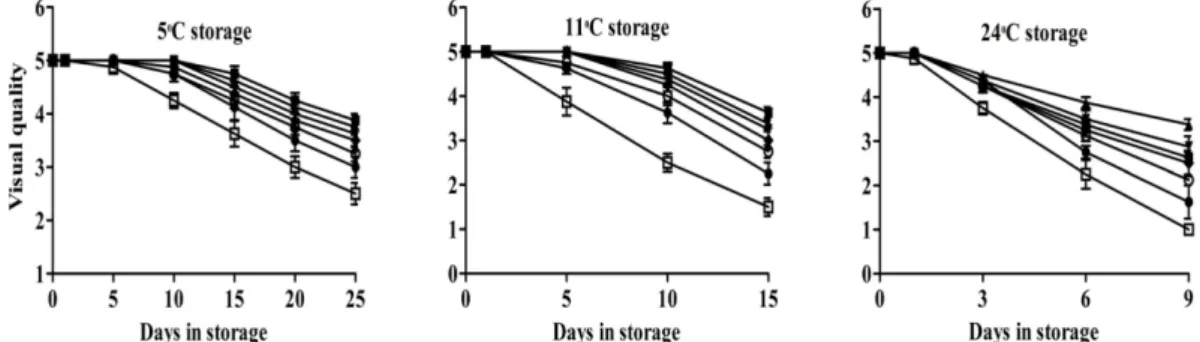 Fig. 2. Changes of visual quality of tomatoes at 5 o C, 11 o C, and 24 o C storage temperature ( □: perforated film, ●:10,000; ■:20,000; ▲ :40,000;  ▼:60,000; ◆:80,000; ○:100,000 cc/m 2 .day.atm O 2  permeability film)
