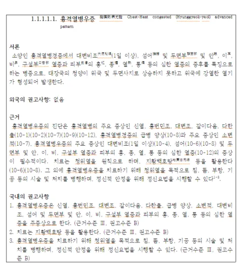 Figure 4. Sample of clinical practice guidelines for Soyangin symptomatology  Ⅳ.  考察  및  結論 소양인병증 임상진료지침 개발을 위하여 기존의  간행된 임상진료지침을 조사하였으며, 그 결과 2008 년 한의학연구원에서 개발된 