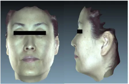 Figure 1. Anterior view and lateral view of face scanned by 3D Facial Scanner (RFS-S100) (Oct-15-2012) (2)  容貌詞氣 : 얼굴이 전체적으로 직사각형이고,  측면에서 보았을 때 평면적이며 인상이 순하고  점잖다