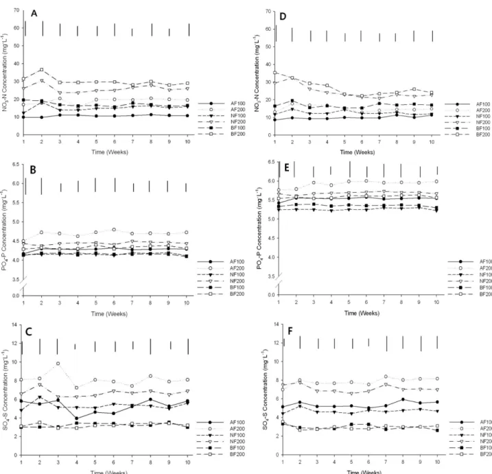 Fig. 4. Changes in concentrations of macro anions in soil solution of root media during cultivation of blue leaf lettuce (A: NO 3 -N; B: PO 4 - -P; C: SO 4 -S) and red leaf lettuce (D: NO 3 -N; E: PO 4 -P; F: SO 4 -S) as influenced by compositions and conc