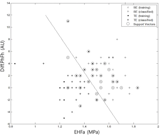 Figure 3. Scatter plot using EHFa and Diff.PhFh according to TE and SE types, and a classification result using support  vector machine