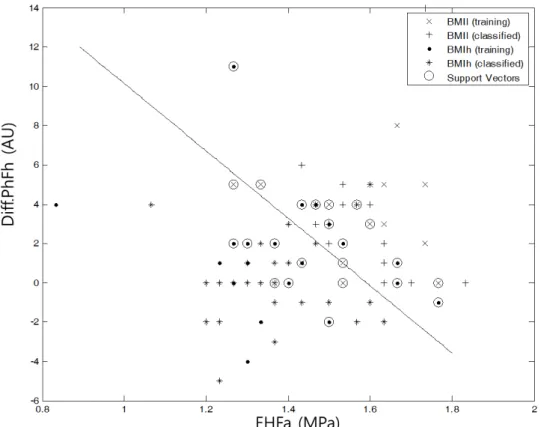 Figure 4. Scatter plot using EHFa and Diff.PhFh according to low and high BMI groups, and a classification result using  support vector machine