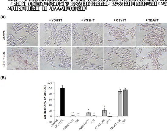 Fig. 5. Inhibitory effects of herbal formulas on the foam cell formation. RAW264.7 cells were co-incubated with LPS (100 ng/mL) and LDL (50 μg/mL) for 24 h in the presence or absence of herbal formulas