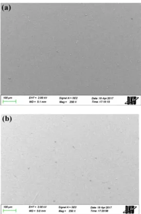 Fig. 6. SEM micrograph of the protective films on Al 2 O 3  film coated on PEN substrate: (a) before and (b) after 500 cycles of the bending test.