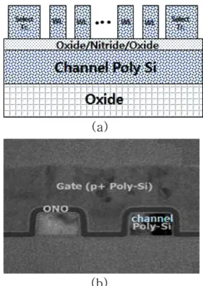 Fig. 1. Cross sectional view of poly-Si TFT (a) direction of gate (schematic) (b) direction of channel(TEM image).