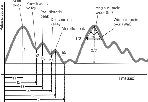 Fig. 2. Naming of Pulse Wave VariablesMain peak Pre-dicroticvalley Pre-dicroticpeak Descending valley Dicrotic peak Time(sec)h1h2h3h4h5t1t2t3t4t5tPulse pressure1/32/3 Width of main peak(Wm)Angle of main peak(θm)