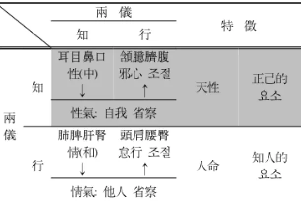 Table  2.  四象의 運用的(修養的)  구조  兩  儀 知 行 特  徵 兩 儀 知 耳目鼻口性(中)↓ 頷臆臍腹 邪心 조절↑ 天性 正己的요소性氣:  自我 省察 行 肺脾肝腎情(和) ↓ 頭肩腰臀 怠行 조절↑ 人命 知人的 요소 情氣:  他人 省察바탕으로 주체적으로 자신의 행위를 영위할 수 있으며,  인간이 命의 資業을 실제적 行함(行其行)에 있어 이상적인 道를 유발 할 수 있다