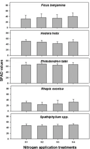 Fig. 2. SPAD values in leaves of various ornamental foli- foli-age plants according to the amount of nitrogen  applica-tion (N1, 120 mg · L −1 ; N2, 150 mg · L −1 ; N3, 180 mg · L −1 ; N4, 210 mg · L −1 )