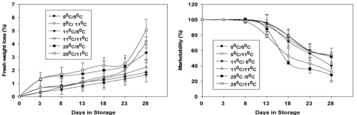Fig. 3. The firmness and vitamin C of ‘Unicorn’ tomato at different treated (5 o C, 11 o C and 25 o C for 0~3 days) and storage temperature (5 o C and 11 o C for 4~28 days)