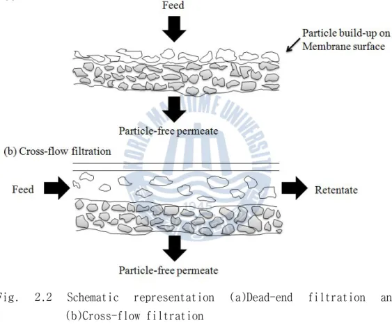 Fig. 2.2 Schematic representation (a)Dead-end filtration and (b)Cross-flow filtration