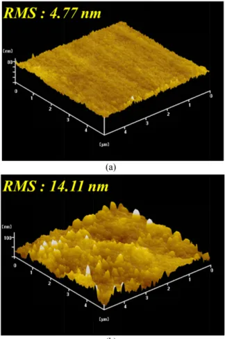 Fig. 3. AFM images of electroless Ni surface: (a) as-plated, and (b) after heat treatment at 750 o C for 6 h.