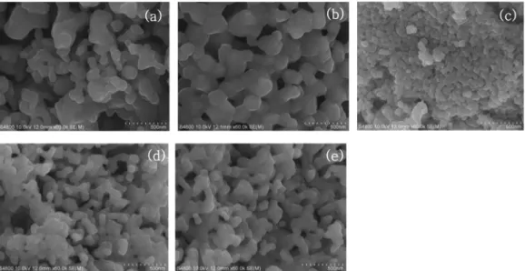 Fig. 7. SEM images of the samples: (a) BaFe 12 O 19 , (b) Ni 0.5 Zn 0.5 Fe 2 O 4 , heated at 800 o C and nanocomposite heated at (c) 700 o C, (d) 800 o C, (e) 900 o C