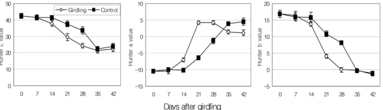Fig. 1.  Effects of girdling on hunter values in ‘Campbell Early’ grape. Vertical bars indicate the standard errors of the mean values.