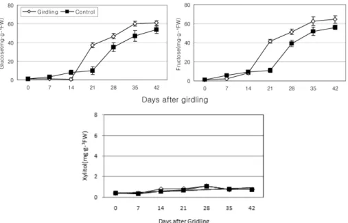 Fig. 3.  Effects of girdling on free sugar of flesh juice in ‘Campbell Early’ grape. Vertical bars indicate the standard errors of the mean values.